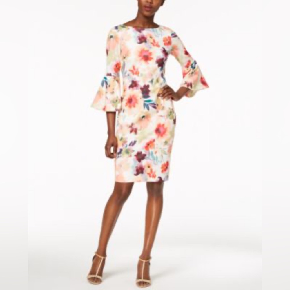 Calvin Klein floral print sheath dress with bell sleeves Size 8
